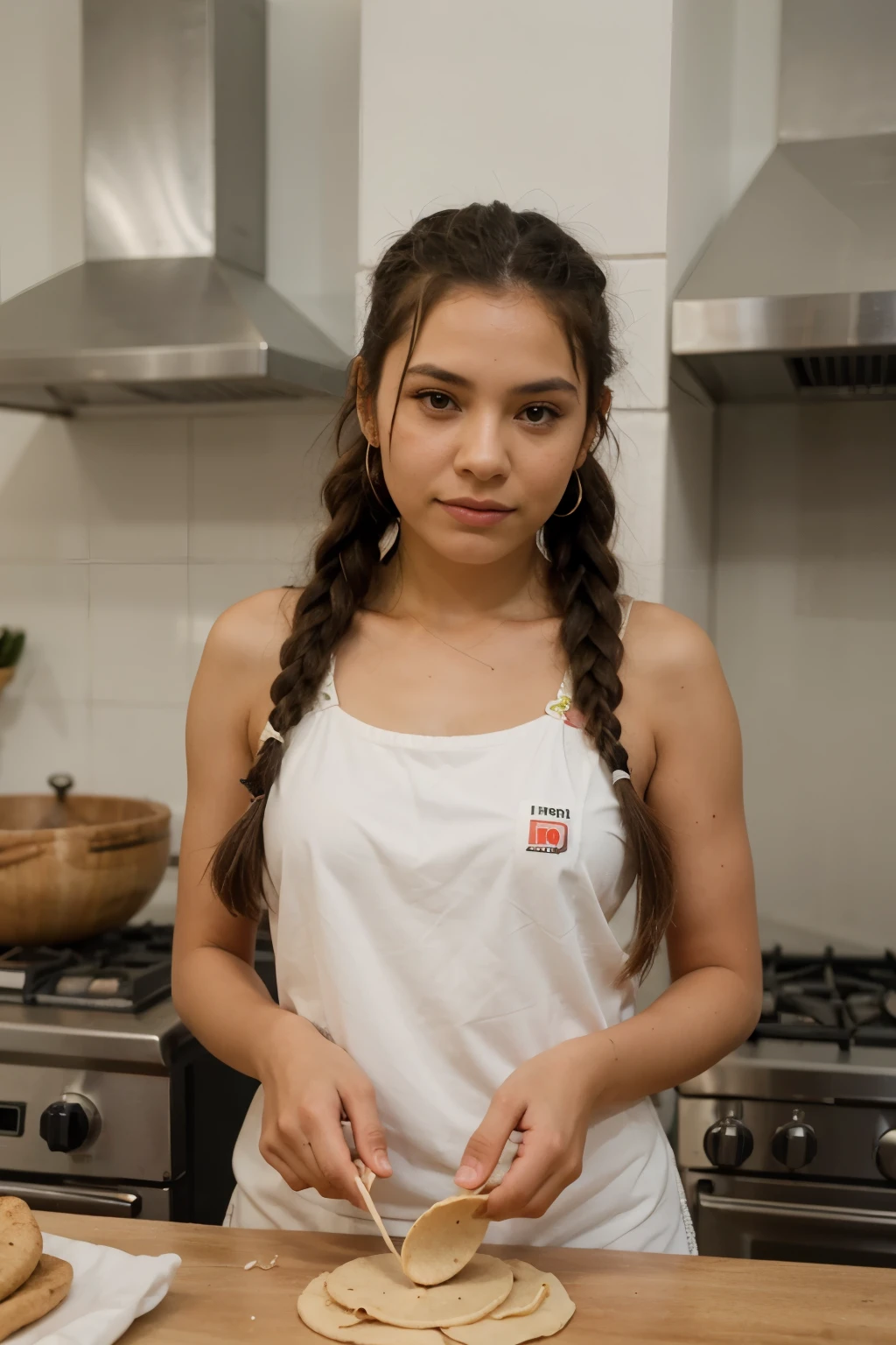 logo of a Mexican woman with braids in her hair preparing tortillas on a comal