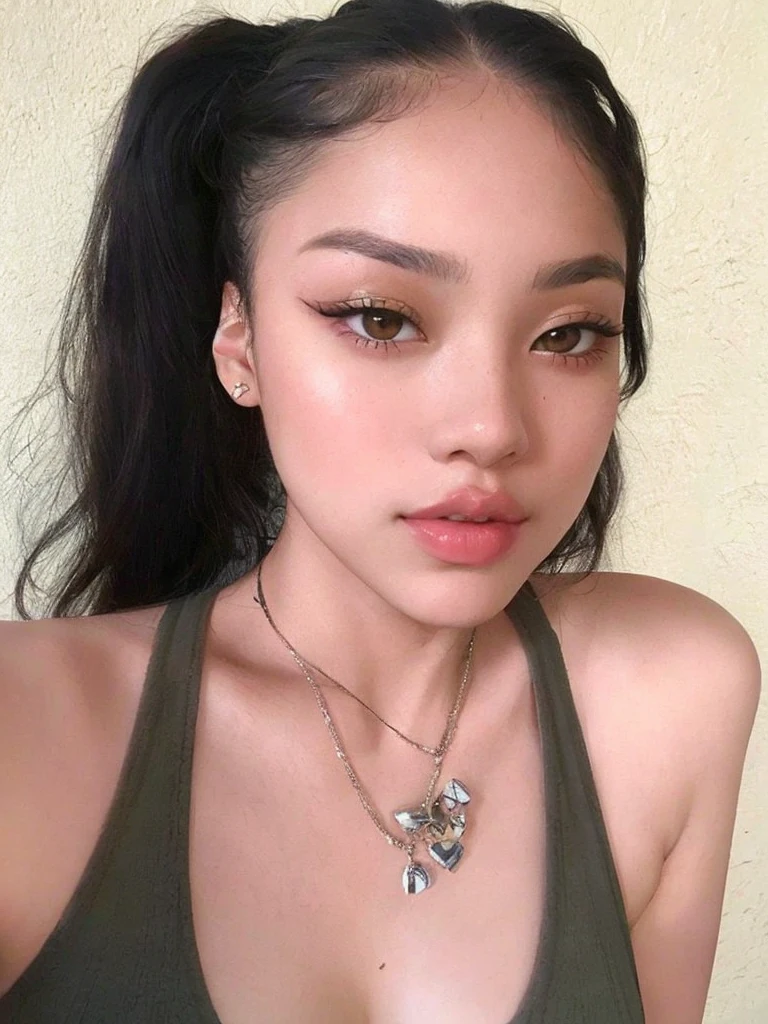 un primer plano de una mujer con un collar en el cuello, cara como ester exposito, hermosa cara latina, big bold cejas gruesas, piel de oliva perfecta, bella poarch, Retrato de Sophie Mudd, 18 years, tono de piel claro, ella parece una mezcla de grimes, piel de oliva, cejas gruesas, tessa thompson inspirada, cejas grandes