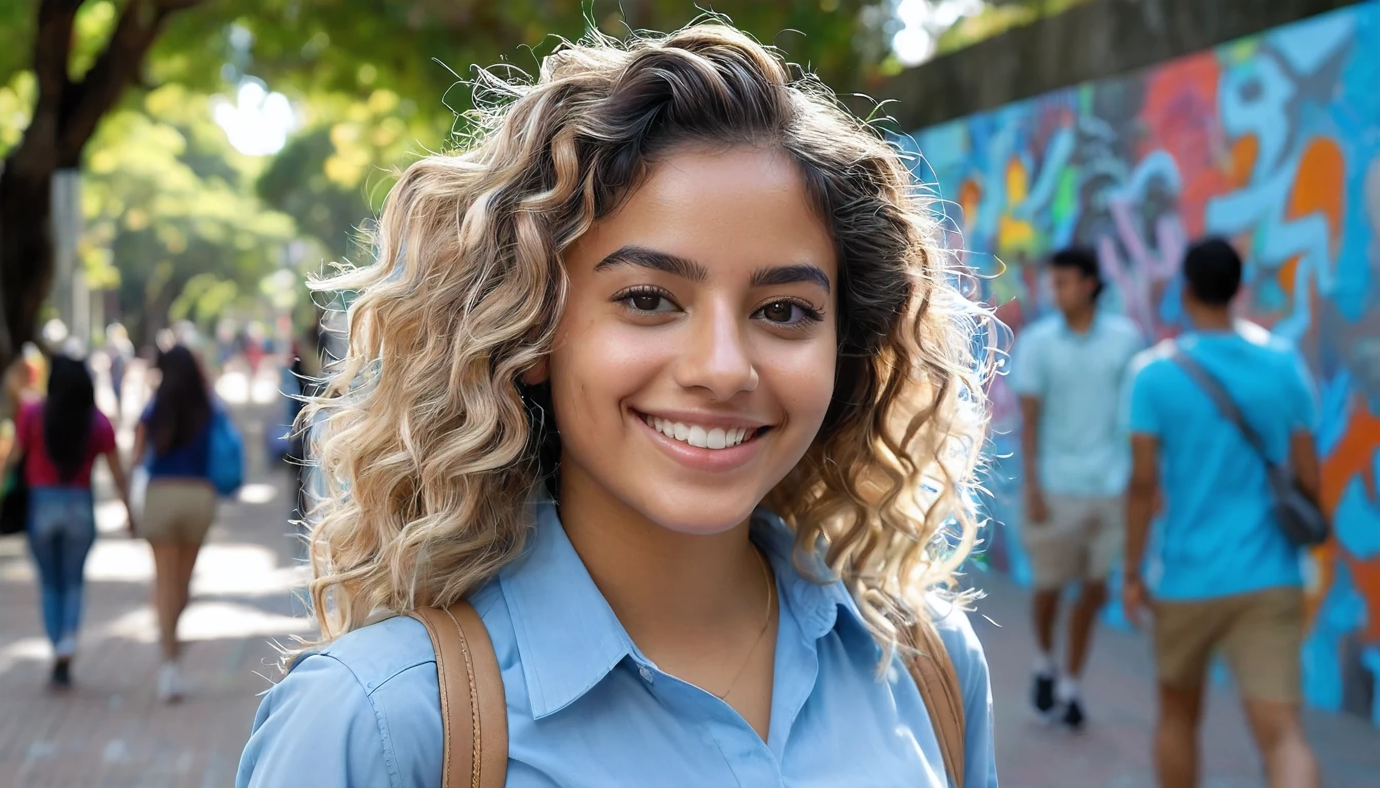Describe a vibrant and dynamic scene of a 26-year-old Brazilian student walking across a university campus. She is wearing a light blue blouse, representando seu curso de arquiterura, and your face is lit by a contagious smile. Her hair is curly blonde, have colorful locks that add a touch of youthfulness and creativity to your look. Enquanto ela anda, a trail of modern paintings and graffiti unfolds behind her, portraying the diversity and energy of the academic environment. Essas obras de arte expressam a multiplicidade de culturas, ideas and perspectives that flourish within the university community, creating an inspiring and lively setting. 4k