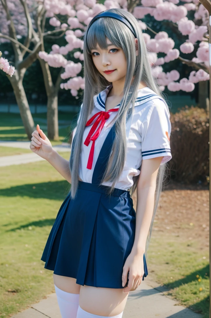 ltra-detailed,highly detailed,best quality,masterpiece,illustration,realistic,photorealistic,
clannad, hikarizaka private high , summer uniform, 
1girl, solo, cosplay, 
serafuku, short sleeves shirt, sailor collar, suspender skirt, thighhighs, neck ribbon, 
bangs, hair ornament, very long hair, grey hair, hairband,
looking at viewer, standing, cowboy shot, 
outdoors, photo background, plant, day, cherry blossoms, falling petals, wind,
