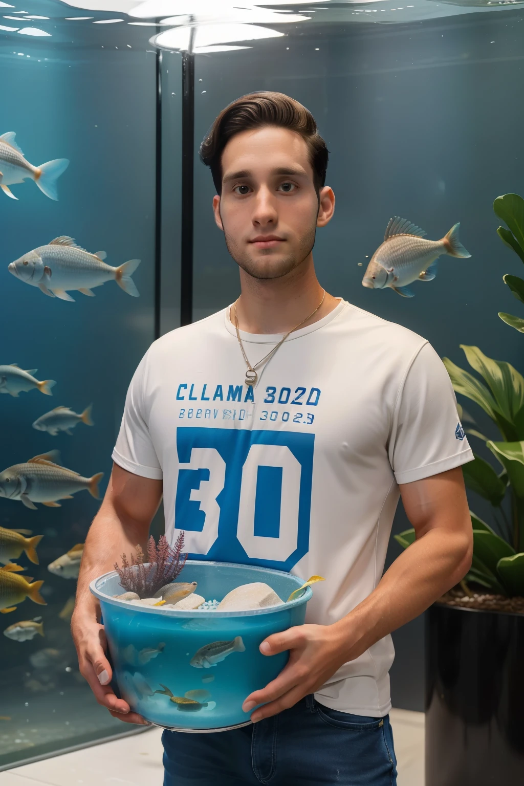 Sowell Bay, Washington, 2023. A young ((((30-year-old)) Cameron Cassmore)), clean shaven face, working in the acuarium, carrying a big bucket, ((frustrated expression)), ((((casual clothings from the 2020s)))), ((hairstyle of the 2020s))