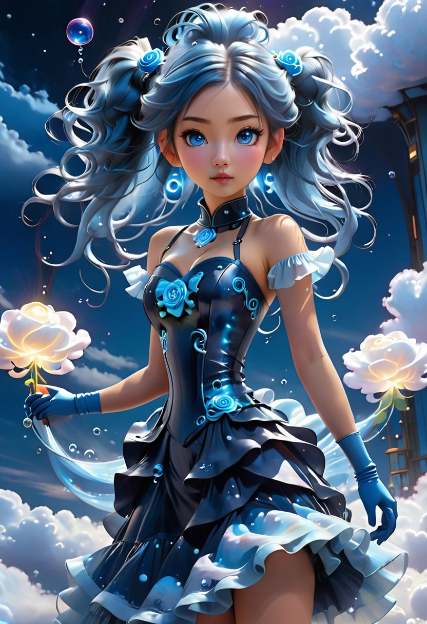 ((In front a Dreamy bubbly clouds and in luminating futuristic night sky)) A girl stands ((full body)) luminescent beauty, long spiralling blue twin ponytails on each side of head. Wears a blue strapless dress with bubble double layered Skirt, and frilly short gloves and matching chocker. White and blue rose accessory in hairstyle