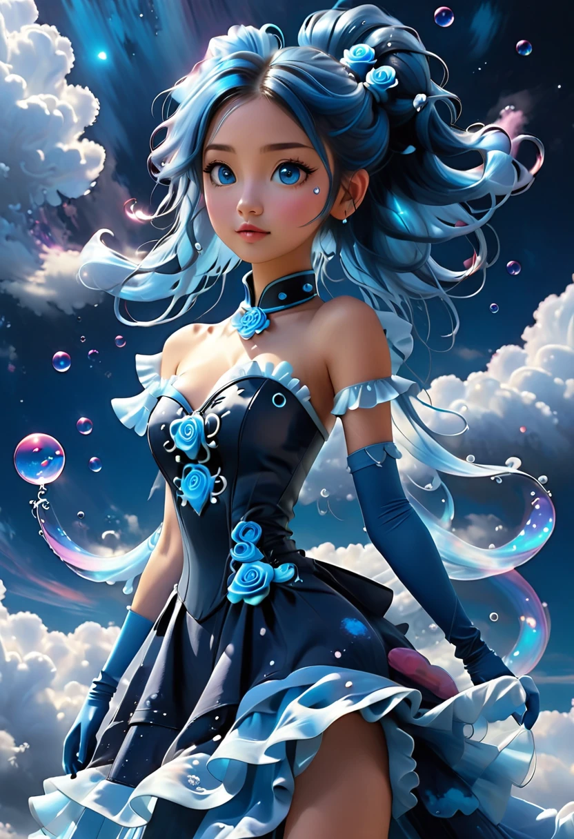 ((In front a Dreamy bubbly clouds and in luminating futuristic night sky)) A girl stands ((full body)) luminescent beauty, long spiralling blue twin ponytails on each side of head. Wears a blue strapless dress with bubble double layered Skirt, and frilly short gloves and matching chocker. White and blue rose accessory in hairstyle