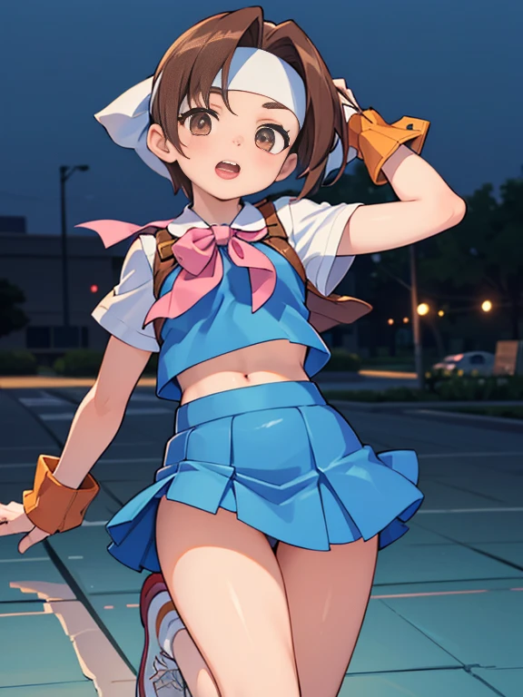 1girl, highest quality, best shadow, angle, brown pupils, breeze blow, (anime style), ((reflection light)), ((best quality)), 1080p, Detailed small breasts, Realistic skin feeling, Detailed Eyes, Beautiful Eyes, brown eres, anime eyes, headband, blue top, blue blouse, (pleated super short skirt:1.3), (mini skirt:1.3), leather gloves, socks, white sneakers, white shirt, pink neckerchief, panty focus, ((skirt lift)), (((emphasis on blue vest))), ((emphasis on short brown hair)), crop top overhang, perfect white panty, bright eyes, smile, open mouth, (beautiful finely detailed eyes: 1.2), nsfw