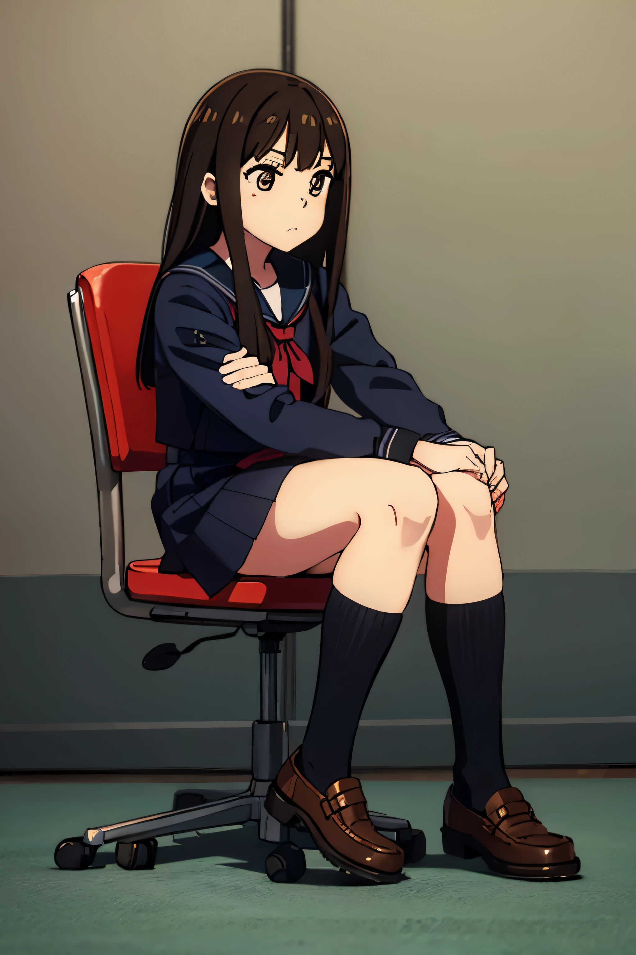 wearing ,sailor suit,black clothes,white knee socks,sit on a chair,fold your arms,Wearing brown leather shoes,whole body,classroom background