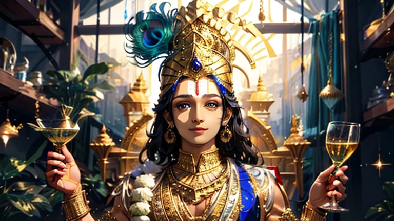 Krishna , loving man , beautiful glitter eyes , blue skin tone , smiling , divine nature, holding flutes in his hands, peacock feather on head, horoscope in background, Indian astrology
