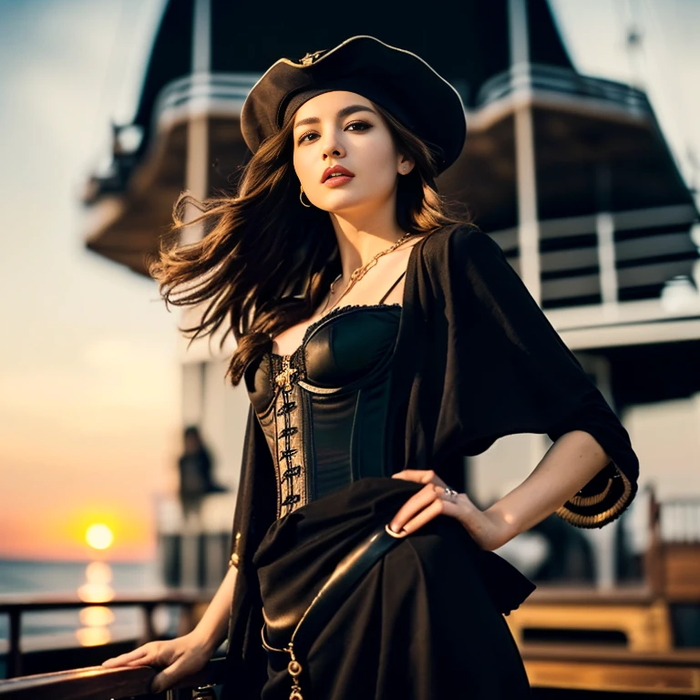 (highest quality、table top、8K、best image quality、software)、one female pirate、Female Pirate Captain、(Charming medieval european pirate costume:1.3)、(Inside the deep ship deck:1.5)、(Inside the huge and complex deck:1.5)、(huge wide deck:1.5)、(big black captain'hat of、black hat:1.2)、(perfect black cloak、long black cloak:1.3)、(Very intricate classic pirate costume:1.5)、(Detailed depiction of numerous accessories:1.3)、(intricate necklace、complex badges、leather belts and delicate accessories:1.5)、(Detailed explanation of the structure of the perfect pirate ship:1.5)、(Complex and realistic interior of a pirate ship:1.5)、(Deck background with big sails、There is a large sail on the deck of the ship、Detailed depiction of complex ship deck backgrounds、Perfect feeling like being on a pirate ship:1.7)、(Perfectly reproduces the classic atmosphere:1.5)、(intricate corset、the most dignified pirate captain'intricate costumes:1.5)、(Classic and majestic pirate captain costume:1.5)、(she is in the center of the pirate ship、She is on the center deck of the pirate ship..:1.5)、(great movie lighting、amazing sunset、spectacular beautiful sunset、sea of sunset、big sunset:1.3)、(Depiction of the film、Classic and intricate depiction of a pirate ship:1.3)、(Please look at me、brown hair、very long hair、photo of her from the waist up:1.5)