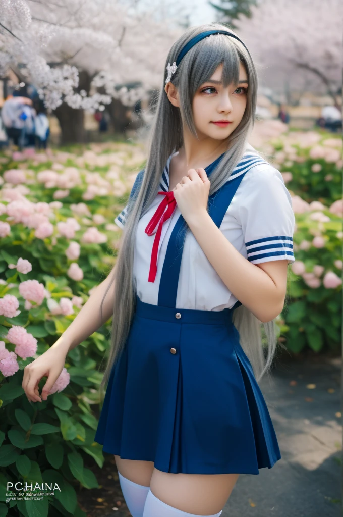 ultra-detailed,highly detailed,best quality,masterpiece,illustration,realistic,photorealistic,
clannad, hikarizaka private high , summer uniform, 
1girl, solo, cosplay, 
serafuku, short sleeves shirt, sailor collar, suspender skirt, thighhighs, neck ribbon, 
bangs, hair ornament, very long hair, grey hair, hairband,
looking at viewer, standing, cowboy shot, 
outdoors, photo background, plant, day, cherry blossoms, falling petals, wind,
european woman, beautiful, 