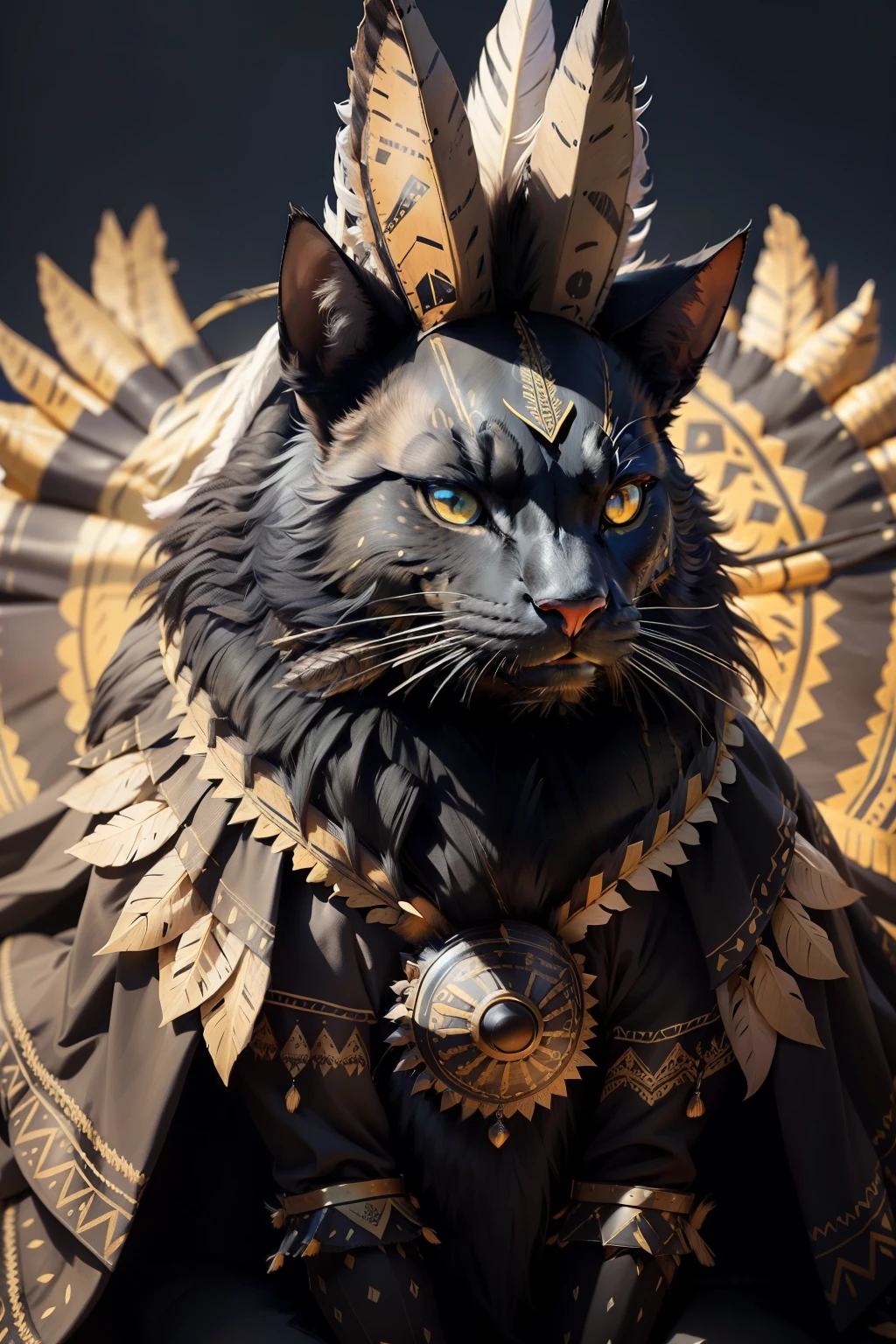 A black anthropomorphic cat with a full face sits quietly, donning a traditional Indian headdress adorned with vibrant feathers. The cat's war paint, intricately designed, covers its face, adding a fierce and powerful appearance. Its eyes gleam with a sense of mystery and intelligence, as it observes the western-style surroundings that lie before it.