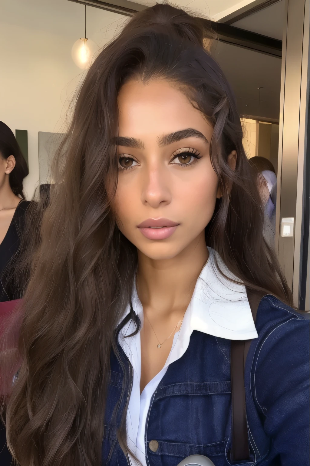 there is a woman with long hair and a backpack standing outside, no makeup wavy hair, gorgeous latina face, selfie of a young woman, she has olive brown skin, portrait sophie mudd, violet myers, 30-year-old woman from cuba, 2 4 year old female model, mixed-race woman, flawless olive skin, imaan hammam