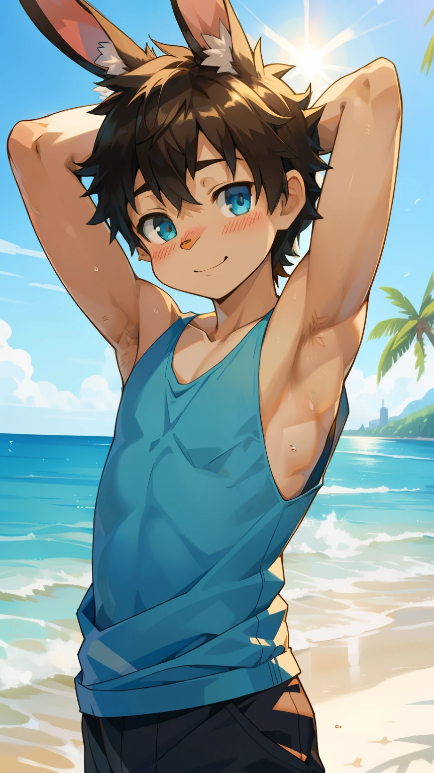 highres,Masterpiece， Best quality at best,Best Quality,hight quality, hight detailed, realistic, photorealistic, Anime style, -Yeld-Boyougy, shota, Tiger boy, Sleeveless hoodie, Body, (Showing armpit:1.4), Slim body, Slim stomach, Beach, cute, handsome, Happy, joyful, Sweat, Blush, (highly detailed beautiful face and eyes)perfect anatomy(kemono, furry anthro)