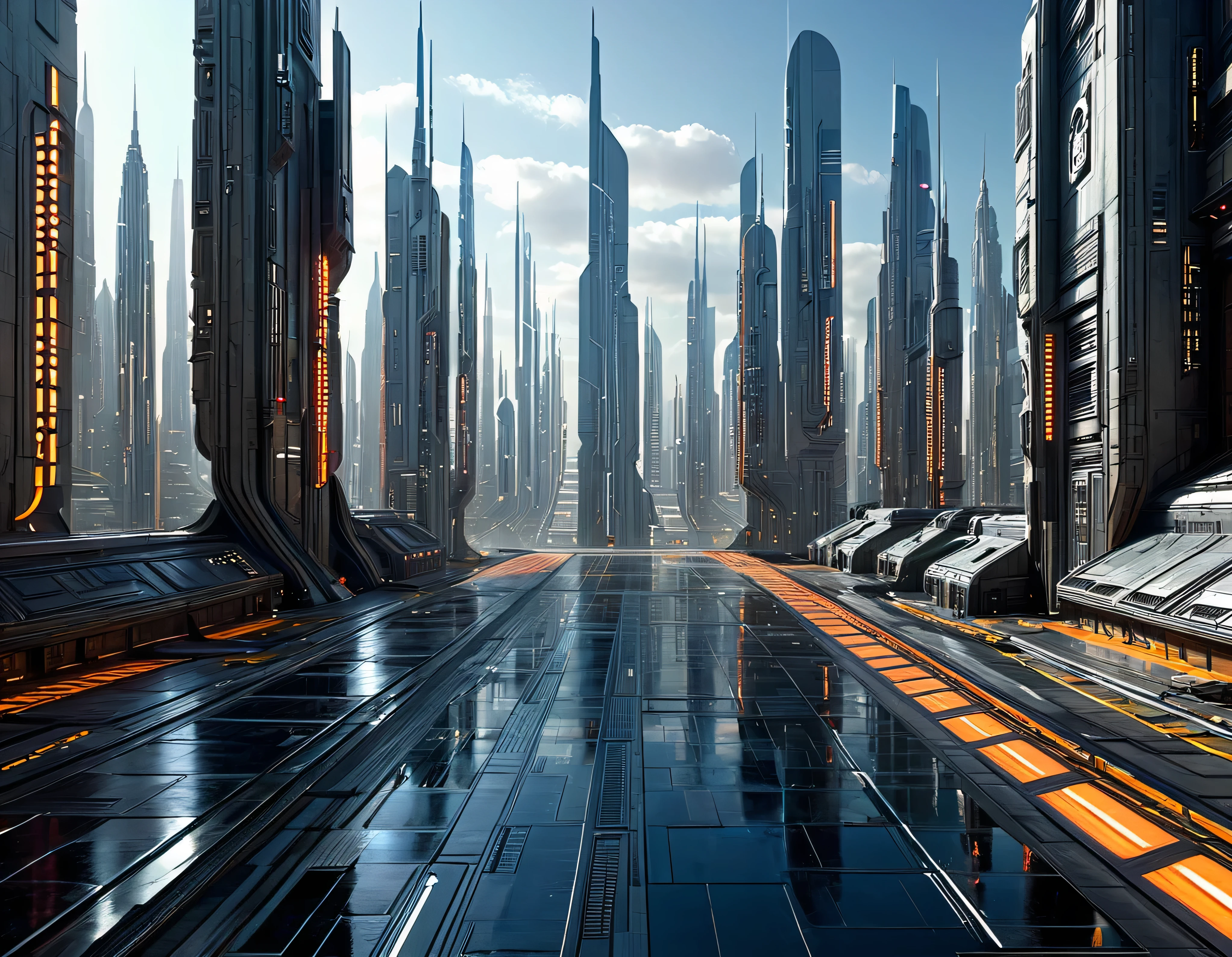 (The city of Coruscant from Star Wars as designed by Doug Chiang), futuristic fantasy city with immense buildings of technological design (que forman una avenida infinita), non-blurred compact buildings with metallic appearance, luces en ventanas en edificios, daylight lighting with sun, con estructuras acristaladas espectaculares, (con colores vivos). pavimento ensolado (sin brillo). gente paseando. imagen bien definida con muchos edificios juntos. sharp well defined 8k image. los edificios llegan alta el fondo.,8k. cinematographic image. ((obra maestra de superior calidad)). (renderizado 3D). fondo nitido