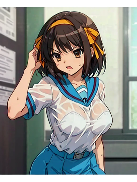 Best Quality Haruhi Suzumiya School High  Sweat Sheer White Shirt Beige Bra  Sexy Skirt Flipping Angry Sweat Wet Disheveled Clothing Ripping Clothing