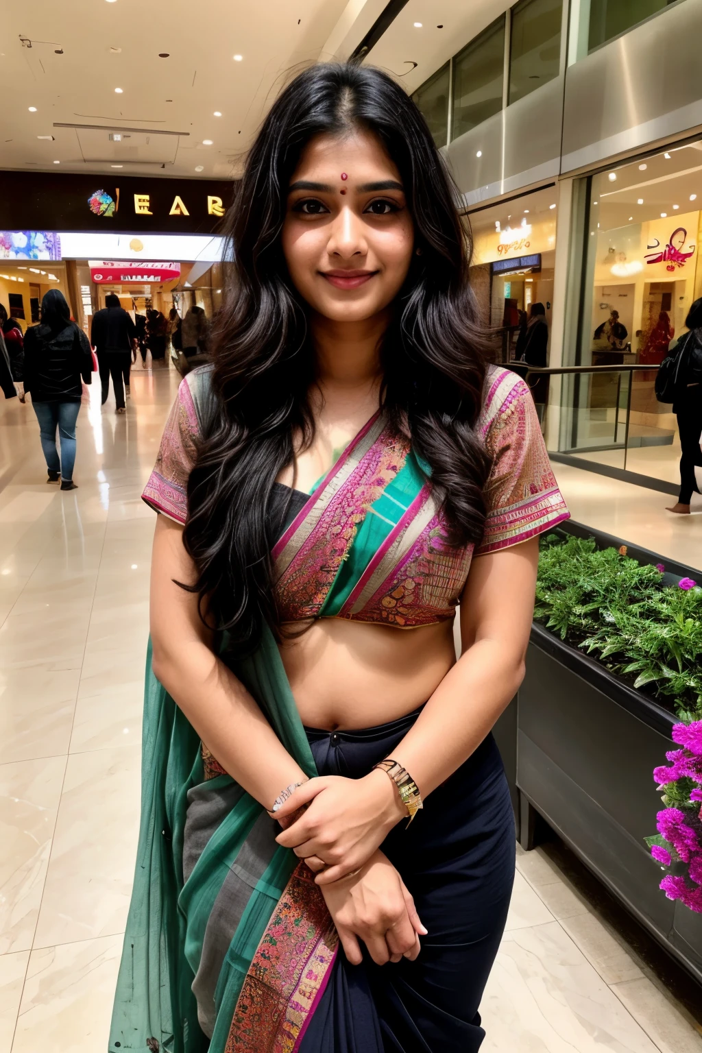 beautiful cute mature attractive indian age girl, city girl, 25 years old, cute, Instagram model, long black hair, colorful hair, warm, dacing, in mall , western dress, makeup, indian ,Indian, Saree