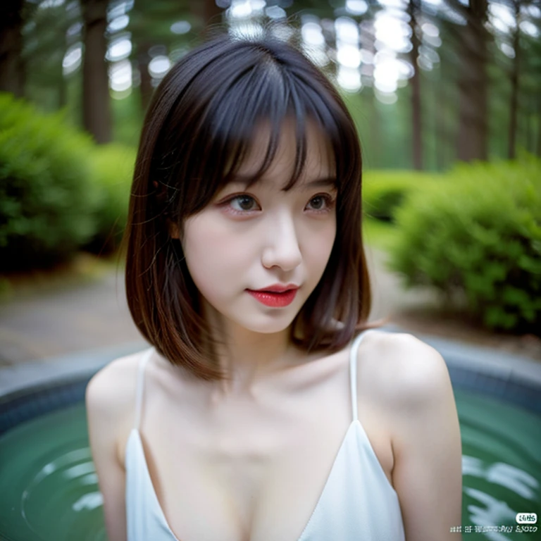 ((2 beautiful girls)), Beautiful face, (slim body:1.2), realistic, วอลล์เปเปอร์ CG รวม 8k ที่very detailed, very detailed, High-resolution raw color photos, professional photography, realistic portrait, movie light, Beautiful details, (beautiful breasts), (Breast cleavage:1.2), (bare shoulders), bare chest, (best quality:1.4), High quality, (((Bokeh))), depth of field, Soak in the hot spring, hot spring, forest, forestทึบ,