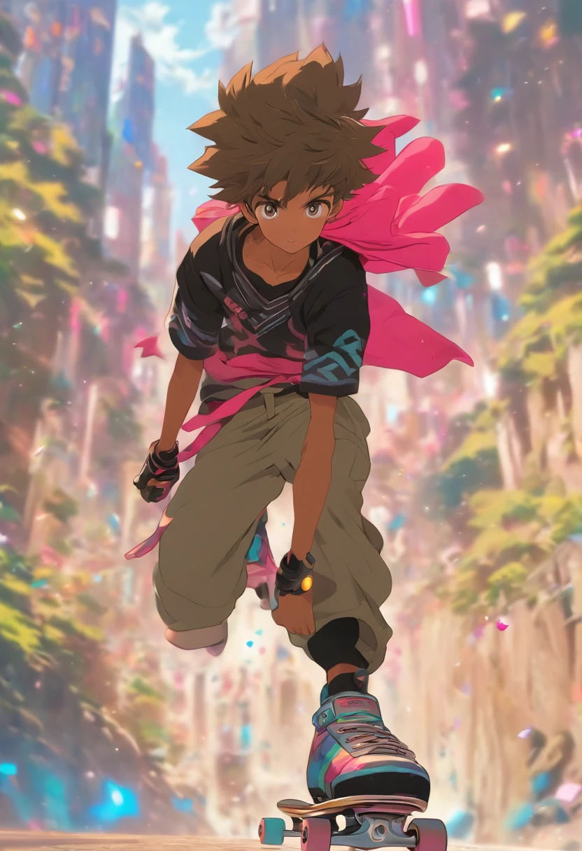 On a Hill Coming down skating is a boy with shiny brown eyes, white helmet wearing black short sleeve unbuttoned at the stop and wearing black and pink mix elbow and kenee guards and long khaki pants with kneew slits. On his wrist is a wrist bank with a silver and sapphire gem