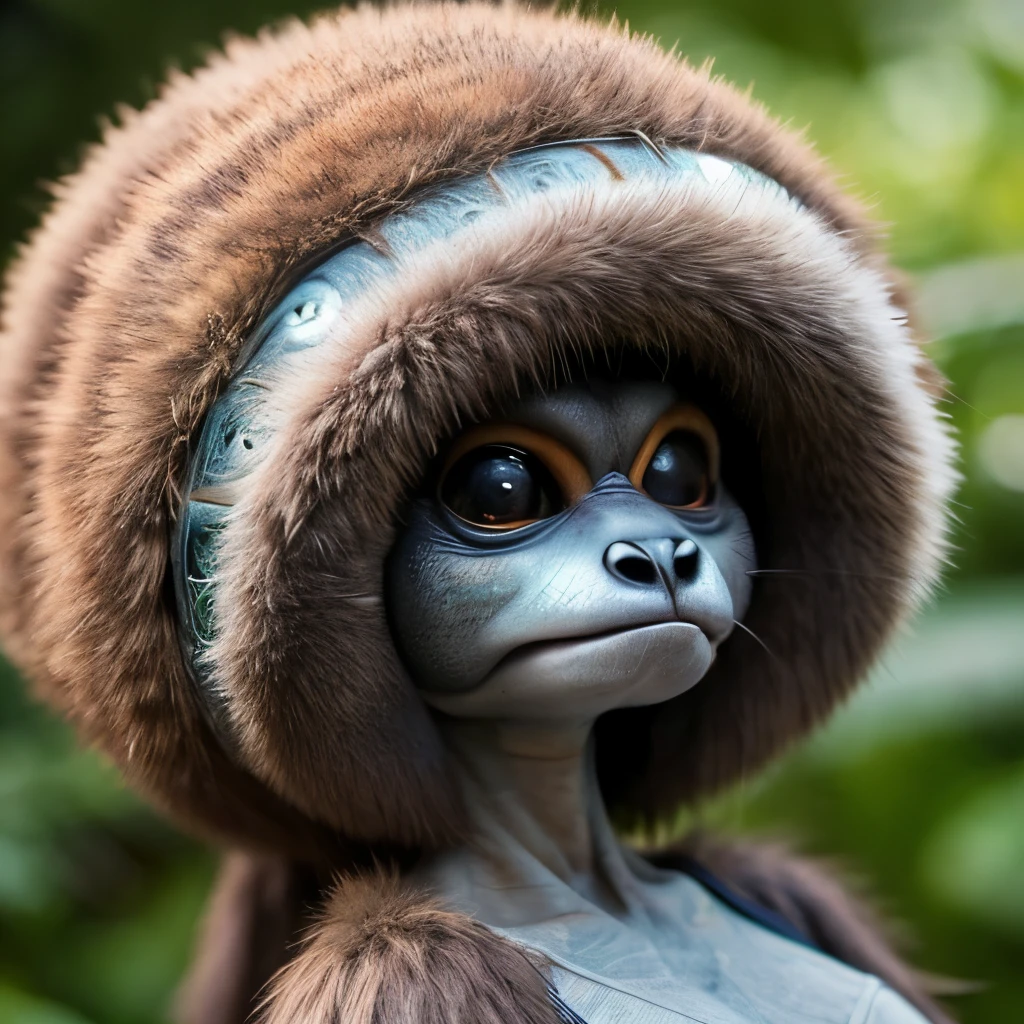 Strange Alien creature, fantastic, impressive, friendly, funny, lots of hair, thick fur, cute, maximum detail, big eyes, on an alien planet with alien flora and fauna, Photography, very realistic, epic