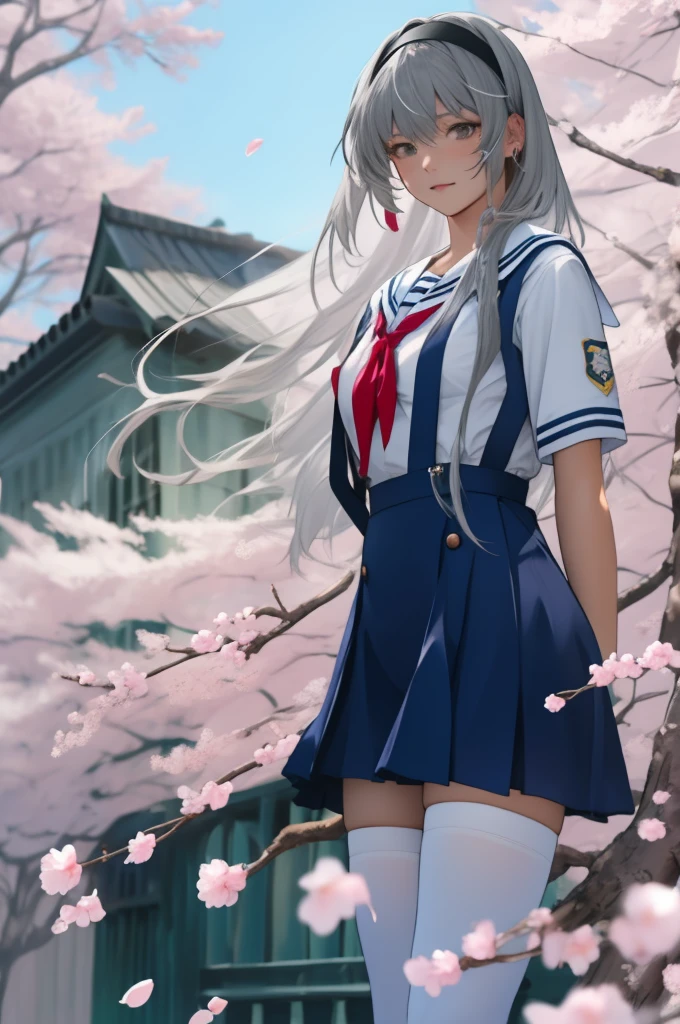 ultra-detailed,highly detailed,best quality,masterpiece,illustration,realistic,photorealistic,
clannad, hikarizaka private high , summer uniform, 
1girl, solo, cosplay, 
serafuku, short sleeves shirt, sailor collar, suspender skirt, thighhighs, neck ribbon, 
bangs, hair ornament, very long hair, grey hair, hairband,
looking at viewer, standing, cowboy shot, 
outdoors, photo background, plant, day, cherry blossoms, falling petals, wind,
beautiful swedish woman