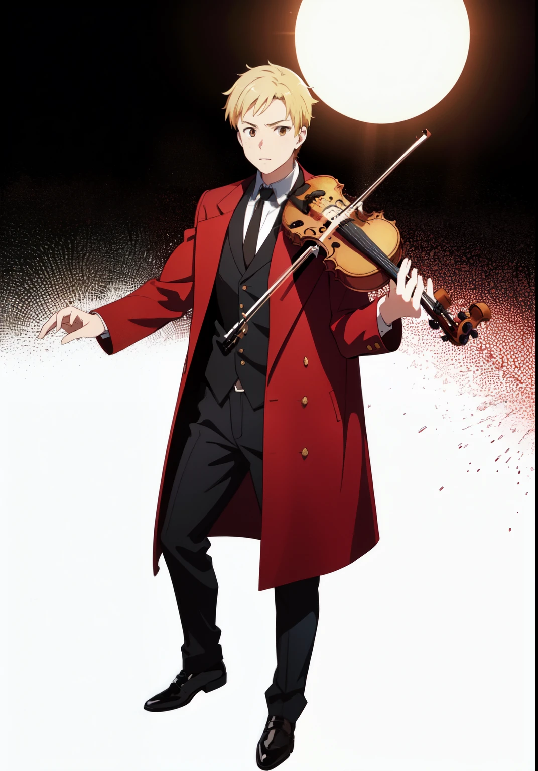 ((anime)) ,(((boy))), (((solo))), (masterpiece:1.2), Best quality, A high resolution, unity 8k wallpaper, (illustration:1.2), (very detailed face), (perfect hands), (Ideal Anatomy), (neat men&#39;s haircut), (blond), short hair, Brown eyes, (White background:1.2), shortish, (((muscular:1.2))), coat, formal trousers, ((He plays the violin)), (((full length:1.3))), in a bright ray of sun, (stocky:1.2), Strong