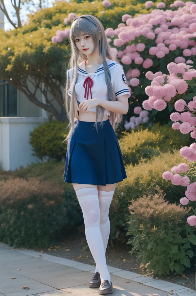 ultra-detailed,highly detailed,best quality,masterpiece,illustration,realistic,photorealistic,
clannad, hikarizaka private high , summer uniform, 
1girl, solo, cosplay, 
serafuku, short sleeves shirt, sailor collar, suspender skirt, thighhighs, neck ribbon, 
bangs, hair ornament, very long hair, grey hair, hairband,
looking at viewer, standing, cowboy shot, 
outdoors, photo background, plant, day, cherry blossoms, falling petals, wind,
tarankaaa