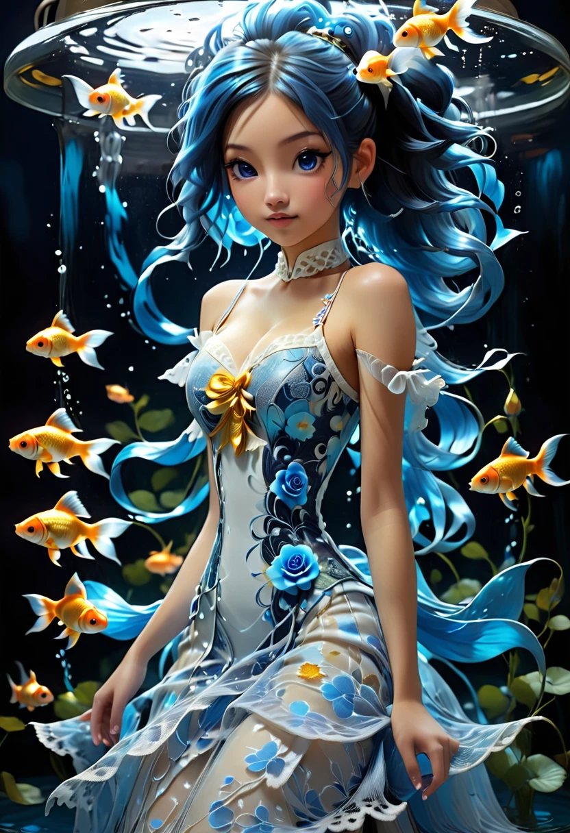 ((Inside a tank with inluminating goldfish)) A girl wearing a gold and white night dress ((full body)) with luminescent smooth strands of blackish blue long spiralling blue twin pony tails on each side of head. blue off shoulder double layered straps around arms around her neck a blue lace. White and blue roses tied to her ears.
