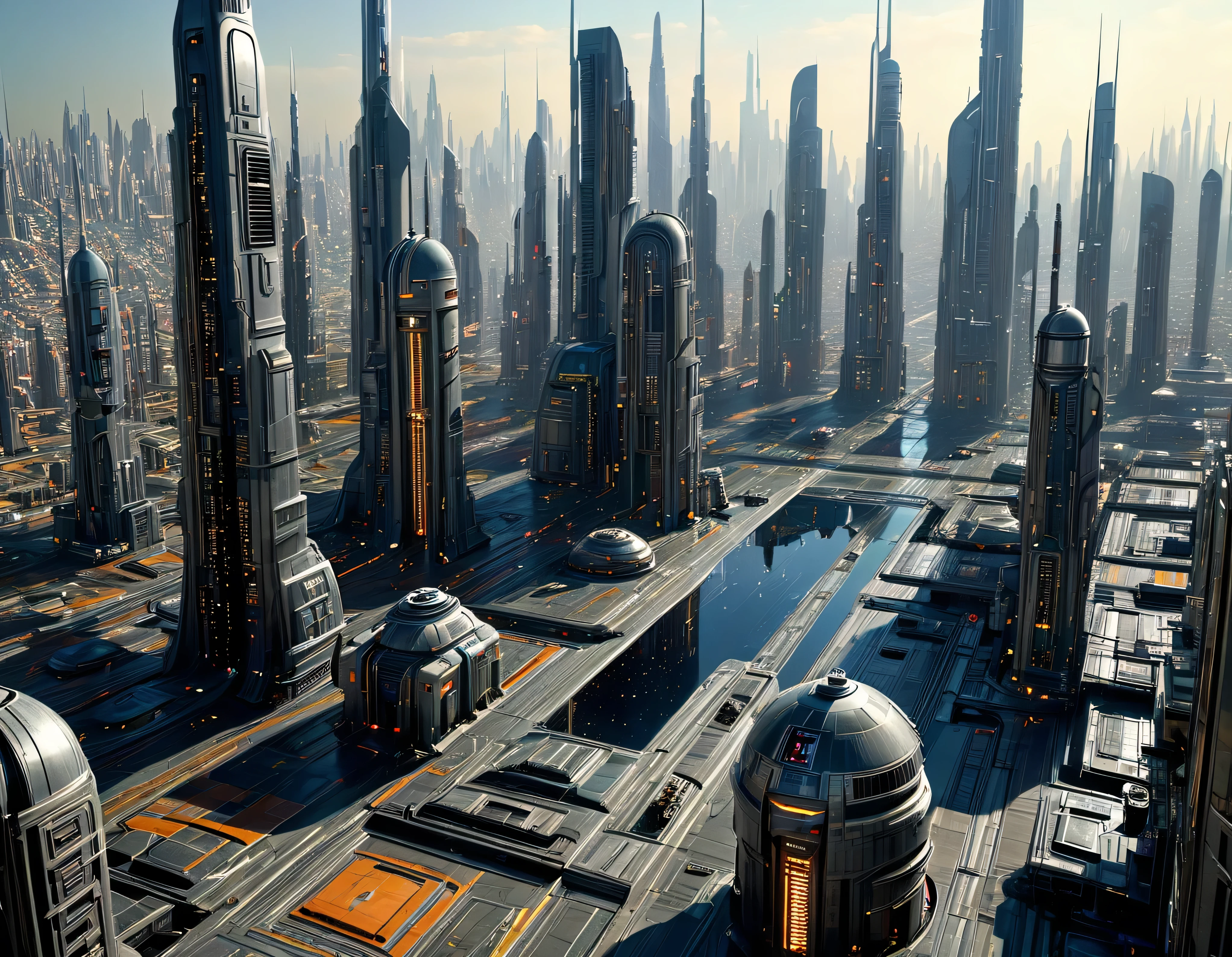 (The city of Coruscant from Star Wars as designed by Doug Chiang), futuristic fantasy city with immense buildings of technological design (que forman una avenida infinita), non-blurred compact buildings with metallic appearance, luces en ventanas en edificios, daylight lighting with sun, con estructuras acristaladas espectaculares, (con colores vivos). pavimento ensolado (sin brillo). gente paseando. imagen bien definida con muchos edificios juntos. sharp well defined 8k image. los edificios llegan alta el fondo.,8k. cinematographic image. ((obra maestra de superior calidad)). (renderizado 3D). fondo nitido