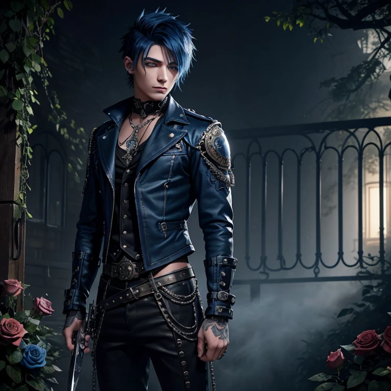 20-year-old man with emo hairstyle, blue locks, dark blue Steampunk clothing with silver decorations, a teardrop tattoo on his cheek, black Steampunk pants, looking straight at the viewer, blue eyes, slim build, muscular man holding a knife in the background of a garden of black roses with fog.