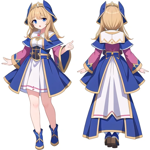 masterpiece, best quality, cute eyes, 1girl, solo, high fantasy costume,  ((white background)), full body, multiple views,