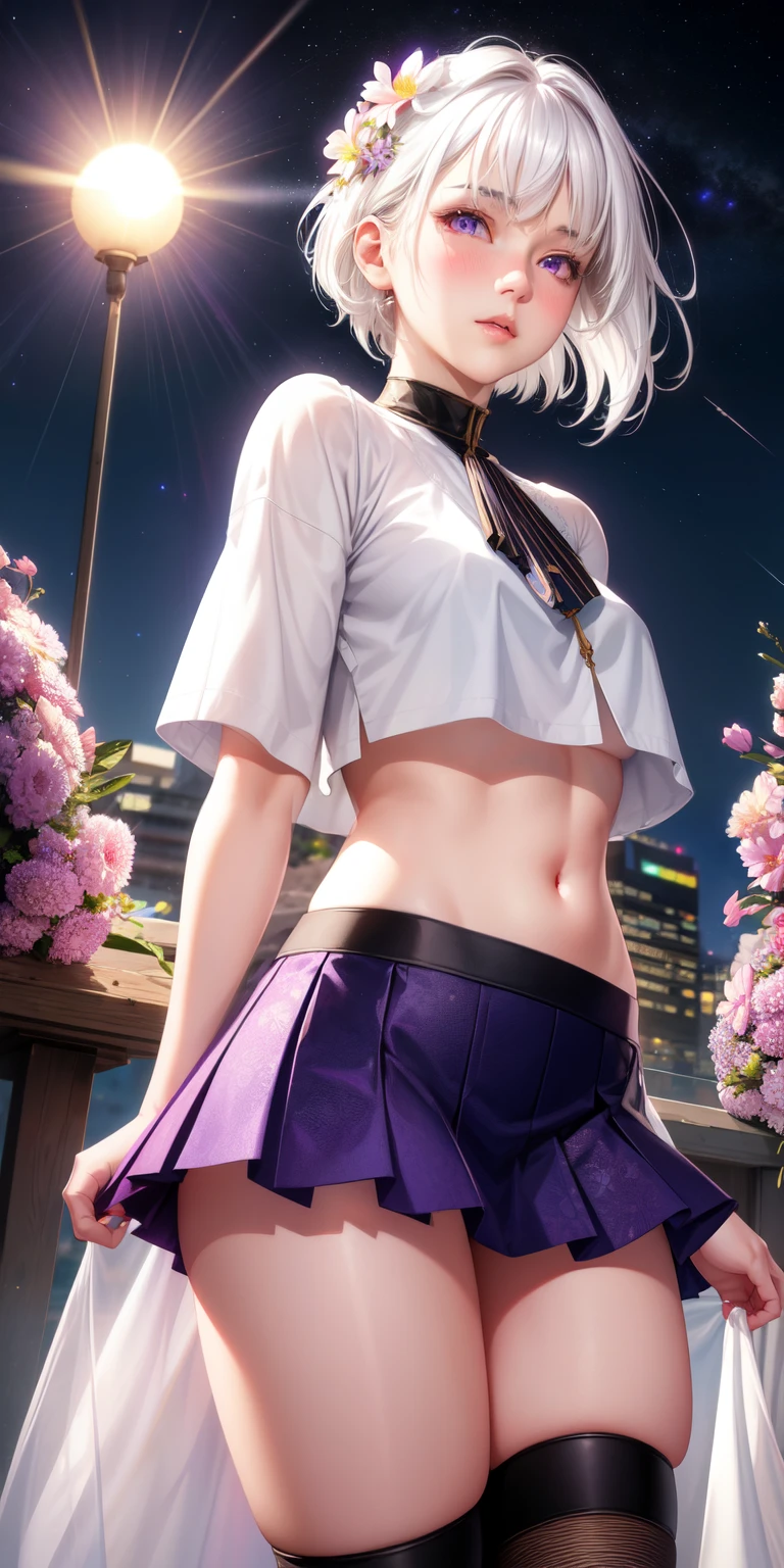realistic, 1girl, white hair, purple eyes, glowing eyes, crop top, skirt, parted lips, blush, night, flowers, sun, sunlight, revealing panties, and shy