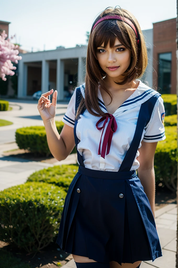 ultra-detailed,highly detailed,best quality,masterpiece,illustration,realistic,photorealistic,
clannad, hikarizaka private high , summer uniform, 
1girl, solo, cosplay, 
serafuku, short sleeves shirt, sailor collar, suspender skirt, thighhighs, neck ribbon, 
bangs, hair ornament, very long hair, grey hair, hairband,
looking at viewer, standing, cowboy shot, 
outdoors, photo background, plant, day, cherry blossoms, falling petals, wind,
beautiful swedish woman, perfect face, perfect body, 