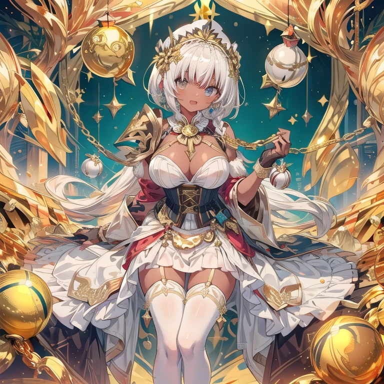 1girl, thighhighs, solo, white-hair, high-heels, short-hair, weapon, boots, gray-eyes, thigh-boots, breasts, corset, (golden cover), armor, gloves, open-mouth, headdress, white-thighhighs, skirt, looking-at-viewer, chain, dress, jewelry, holding, braid, ((big breasts) 1:1), fingerless-gloves, lips, glowing, ((Dark-Skin)), ((golden-ornaments) 1:2) (((White-socks))), ((bangs-covering-one_eye)),