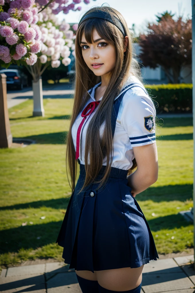 ultra-detailed,highly detailed,best quality,masterpiece,illustration,realistic,photorealistic,
clannad, hikarizaka private high , summer uniform, 
1girl, solo, cosplay, 
serafuku, short sleeves shirt, sailor collar, suspender skirt, thighhighs, neck ribbon, 
bangs, hair ornament, very long hair, grey hair, hairband,
looking at viewer, standing, cowboy shot, 
outdoors, photo background, plant, day, cherry blossoms, falling petals, wind,
beautiful swedish woman, perfect face, perfect body, 