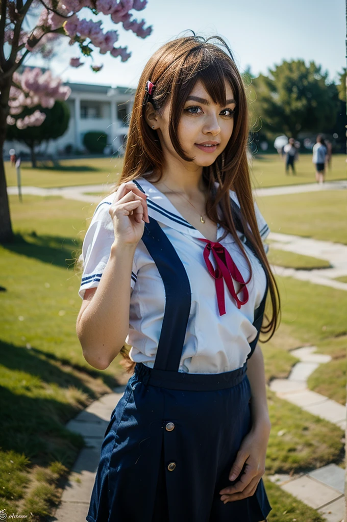 ultra-detailed,highly detailed,best quality,masterpiece,illustration,realistic,photorealistic,
clannad, hikarizaka private high , summer uniform, 
1girl, solo, cosplay, 
serafuku, short sleeves shirt, sailor collar, suspender skirt, thighhighs, neck ribbon, 
bangs, hair ornament, very long hair, grey hair, hairband,
looking at viewer, standing, cowboy shot, 
outdoors, photo background, plant, day, cherry blossoms, falling petals, wind,
beautiful swedish woman, perfect face, perfect body, 