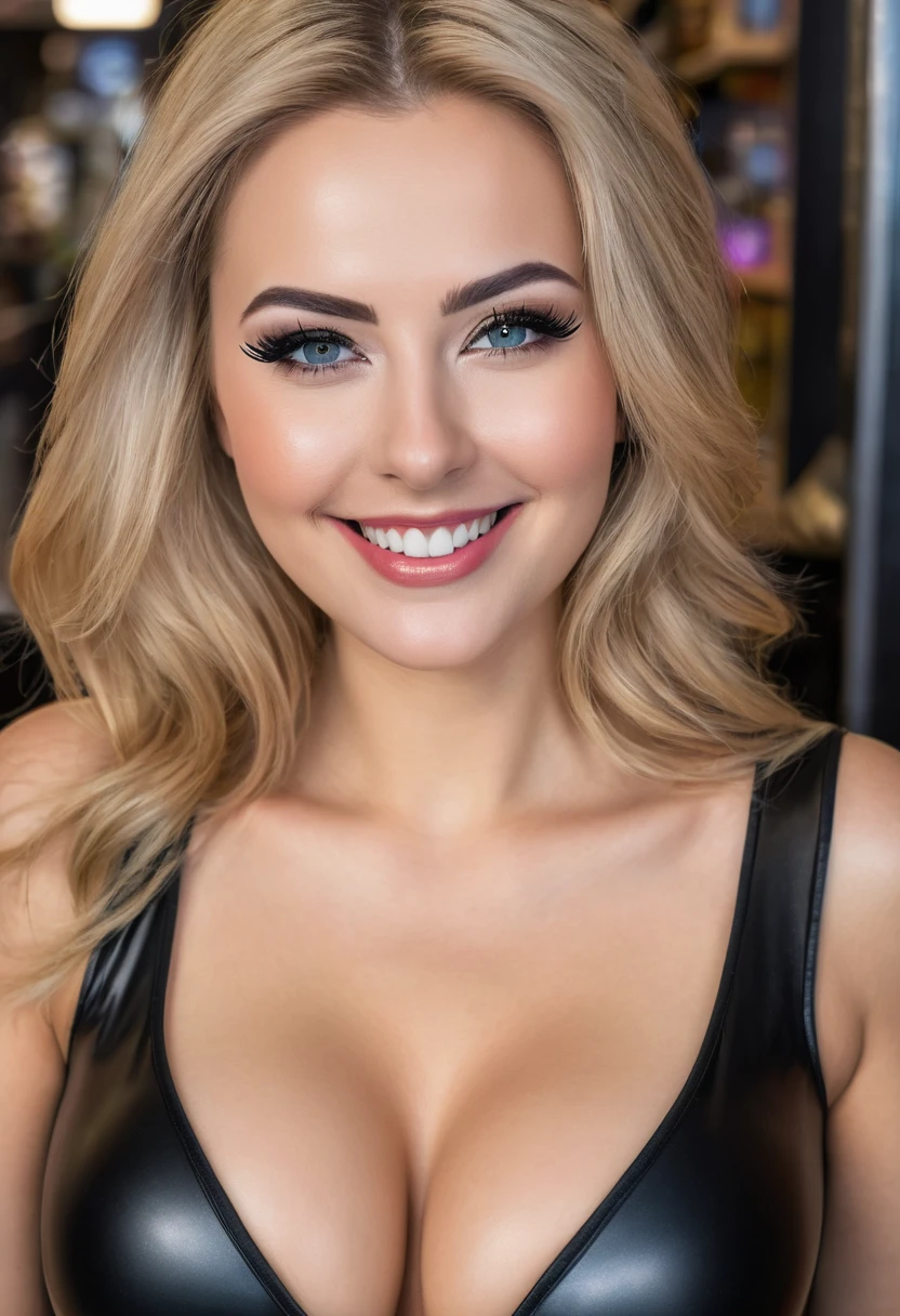 8K, Best quality, Meisterwerk, Ultra high resolution, (Realismus: 1.4), Originalfoto, (realistische Hautstruktur: 1.3), (Filmkorn: 1.3), (Selfie-Winkel), 1 girl, Beautiful eyes and facial details, Meisterwerk, Best quality, Full body shot, den Betrachter anschauen, langes glattes blondes Haar, grosse Brust, dezentes Make-Up mit Eyeliner, embarrassed smile, shiny black rubber catsuit and high heels