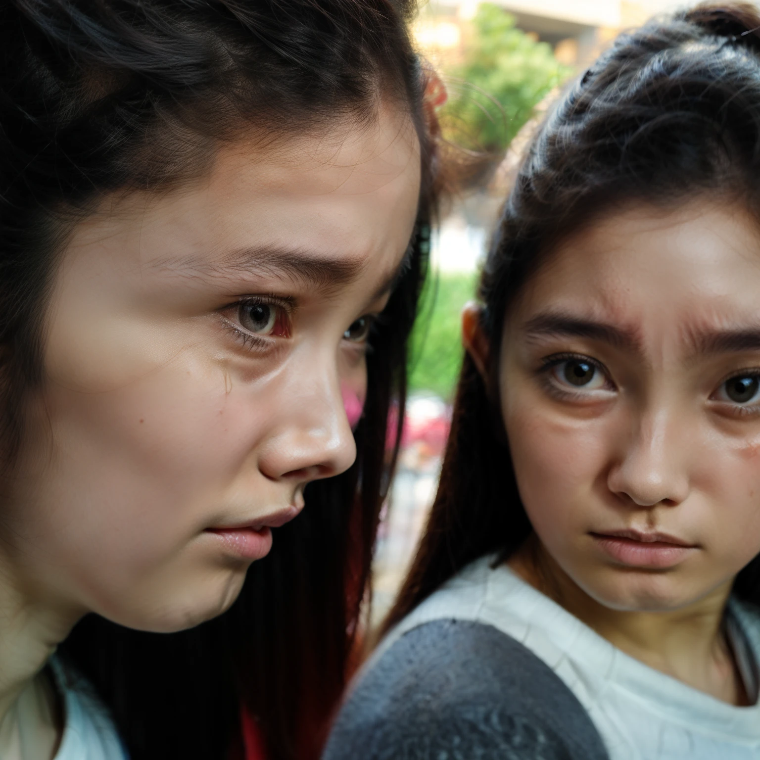 Identical twin sisters, 16 years old, bangs, crying face