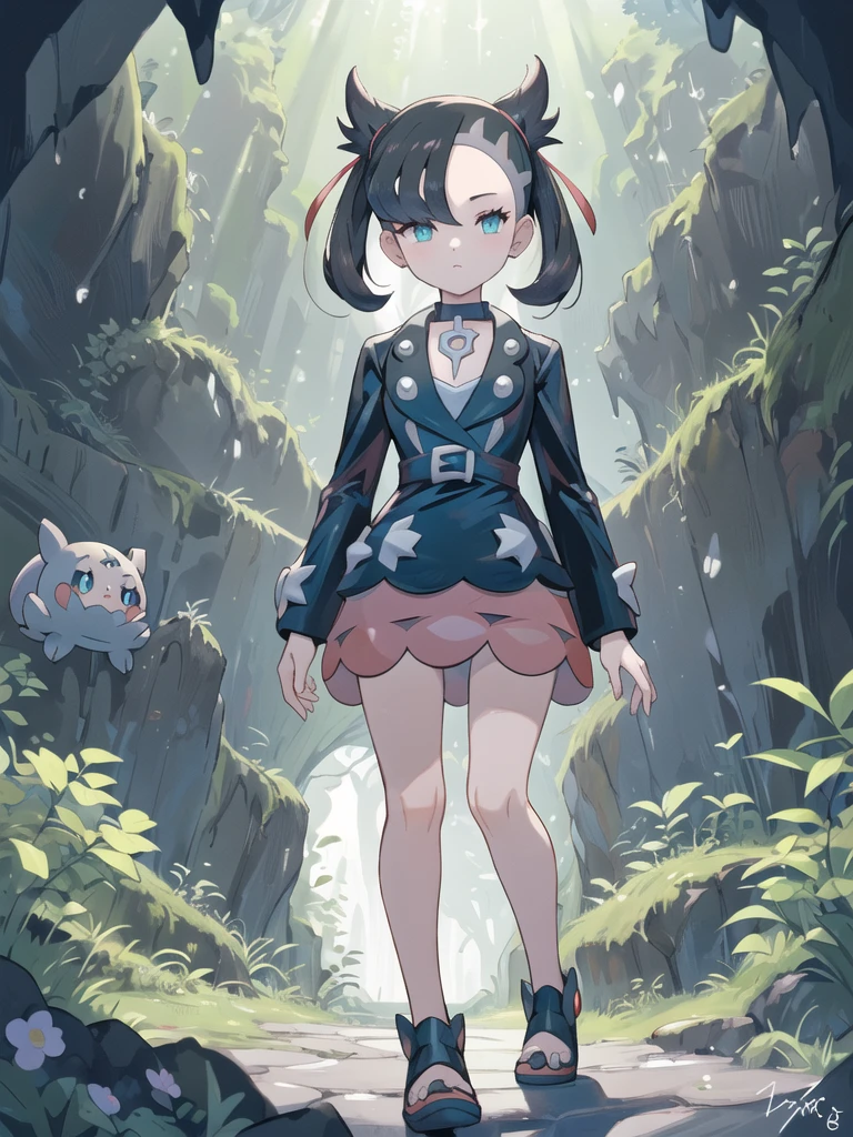 ((pokemon'smarnie:1.2)),(super detailed illustrations:1.2),(masterpiece, 8K), (最high quality, high quality:1.4), perfect anatomy, very detailed, super detailed,masterpiece background,beautiful detailed background, v8K wallpaper,perfect design,award winning art,stand in front of the photo、highest quality、cute girl、、、10 year old girl、inside a dark cave, The cave continues deeper,A dark cave covered in moss, (dramatic light:1.3), 
woman, female brat,goblin、Only one person depicted:1.2,flower, full body:1.2