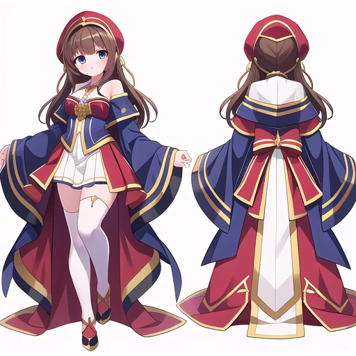 masterpiece, best quality, cute eyes, 1girl, solo, high fantasy costume, clerk, ((white background)), full body, multiple views,