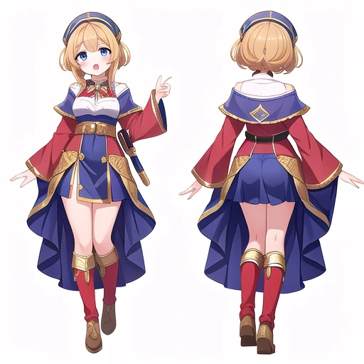 masterpiece, best quality, cute eyes, 1girl, solo, high fantasy costume, clerk, ((white background)), full body, multiple views,