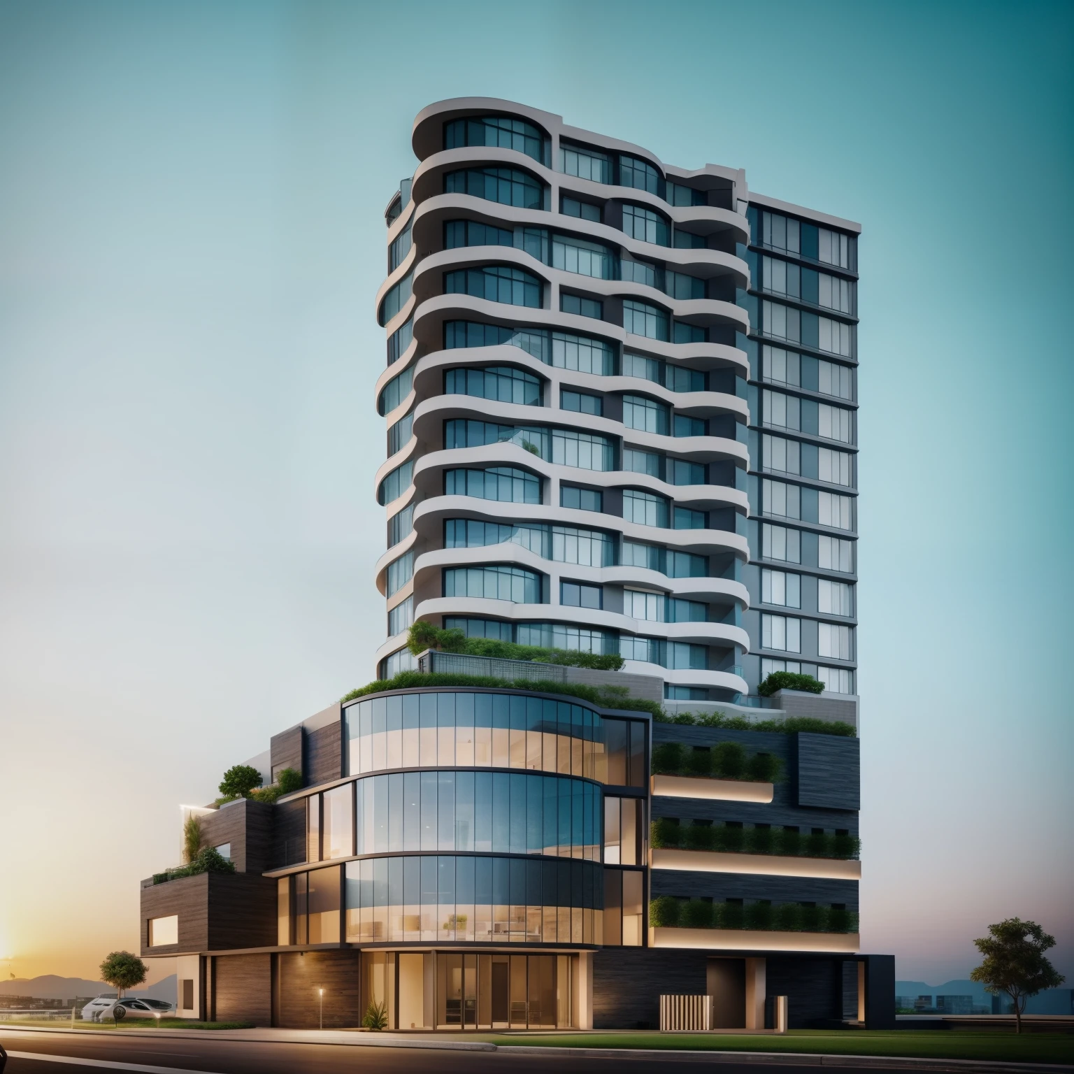 exterior of highrise apartment building, contemporary style, balconies, plants and flowers on balconies, vivid colour, beautiful landscape, stone pavement,cars, realistic, RAW photo, 8k uhd, dslr, soft lighting, high quality, film grain, Fujifilm XT3,masterpiece,
