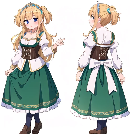 masterpiece, best quality, cute eyes, 1girl, solo, high fantasy costume, clerk, dirndl, bustier, librarian, ((white background)), full body, multiple views,