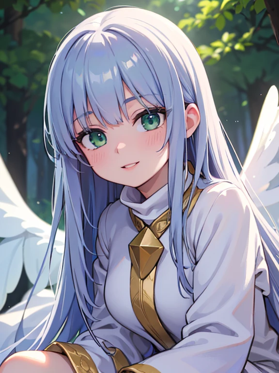 (best quality,4k,8k,highres,masterpiece:1.2),ultra-detailed,(realistic,photorealistic,photo-realistic:1.37),HDR,UHD,studio lighting,ultra-fine painting,sharp focus,physically-based rendering,,long silver hair,intense green eyes,detailed facial features,beautiful detailed eyes,beautiful detailed lips,extremely detailed eyes and face,smile,stunning thighs,monk,white clothes,wings,fantasy forest,serene atmosphere,mysterious aura
