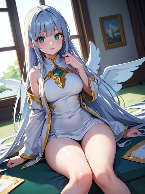 (best quality,4k,8k,highres,masterpiece:1.2),ultra-detailed,(realistic,photorealistic,photo-realistic:1.37),HDR,UHD,studio lighting,ultra-fine painting,sharp focus,physically-based rendering,,long silver hair,intense green eyes,detailed facial features,beautiful detailed eyes,beautiful detailed lips,extremely detailed eyes and face,smile,stunning thighs,monk,white clothes,wings,fantasy forest,serene atmosphere,mysterious aura