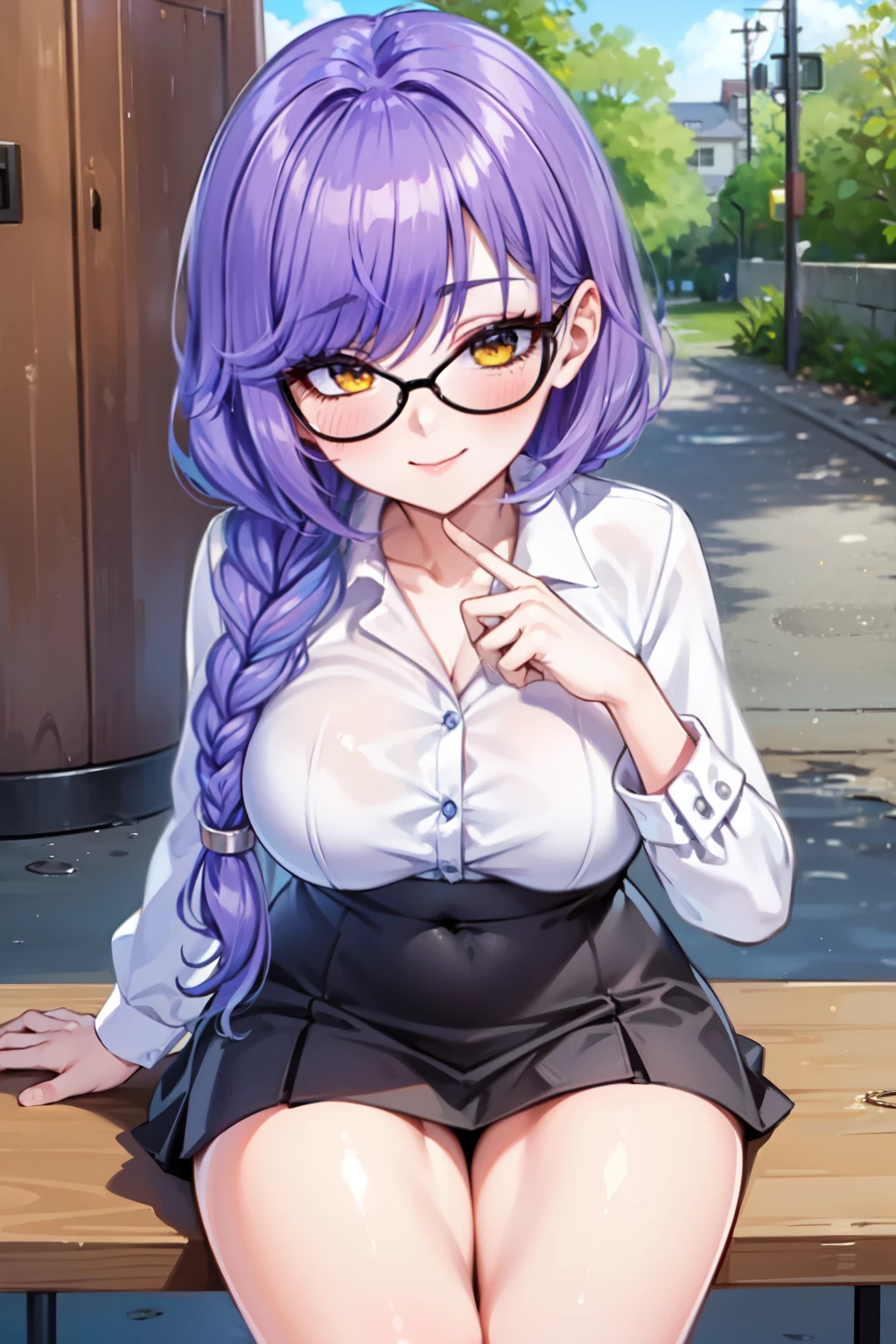 (masterpiece, best quality), MidzuiVT, yellow eyes, purple hair, long ponytail, (braided rope on the right side:1.2), glasses, white shirt, (black skirt:1.2), sitting, looking at viewer, seductive smile, naughty face, nose blush, forest, outdoors