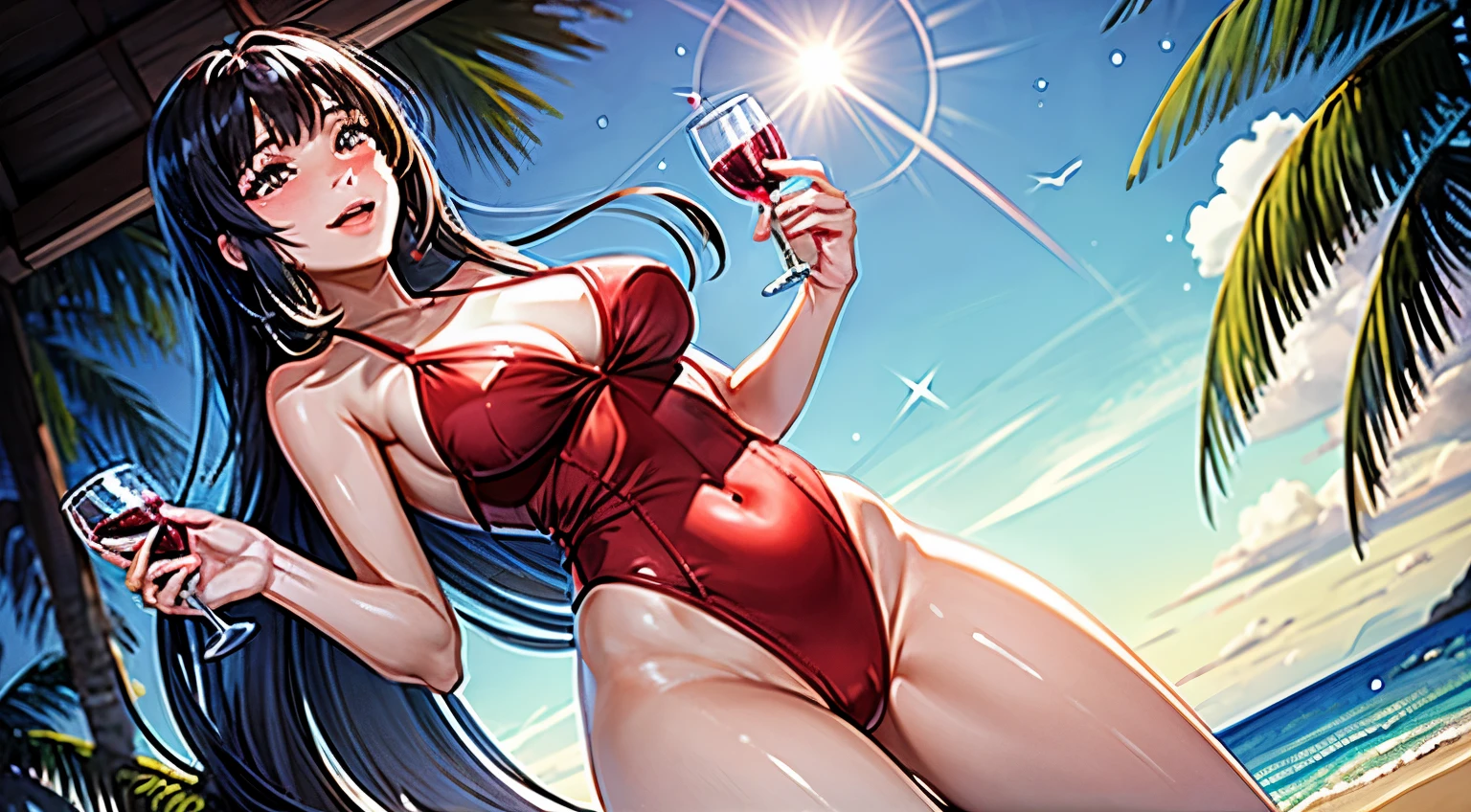 Woman standing on the shore, the sand softly envelops her feet. She stands in a relaxed pose, laughs and enjoys the fresh sea breeze.

Red swimsuit, elegantly highlighting the shape of her figure, open back and sweetheart neckline. Thick fabric fits her body perfectly, creating a luxurious and stylish look.

A woman holds an elegant glass of crystal clear wine in her hands.. The glass sparkles in the sun, reflecting its rays and creating a play of light and shadow on her skin. The wine in the glass has a rich ruby hue, which emphasizes its refined and luxurious character.
Light breezes play in her hair, breaking the sun&#39;s rays into bright shimmering highlights. Her eyes shine with happiness and pleasure, reflecting the beauty of the surrounding world