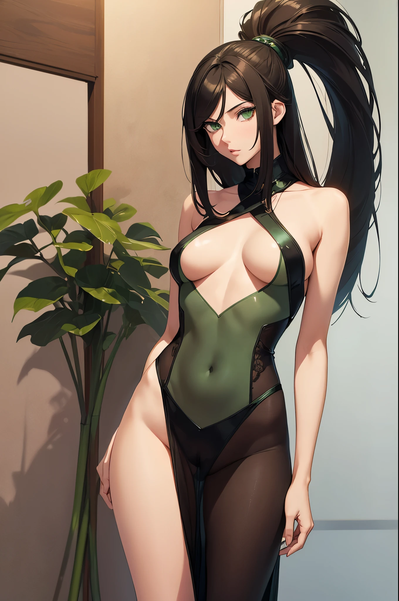 a sexy woman, (best quality), (masterpiece), (1girl), slim, anime, tall, (trasparent clothes), (front view ), (green eyes), (flat chested), (see through), (pubic hair)