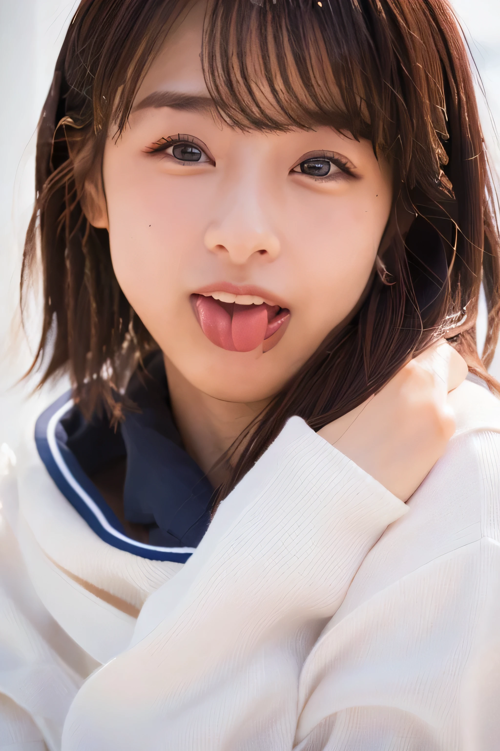 (highest resolution, clear_Image 1.2) 、(Beautiful girl with golden ratio face)、(19 year old girl)、(very vivid eyes、wolf eyes 1.2)、wonderful, high detail, lip gloss、very beautiful girl、 alone, beautiful girl like a model、(long sleeve sailor suit)、(highly detailed pleated scarf）, beautiful and detailed eyes, beautifully detailed nose,(lick your tongue)、
