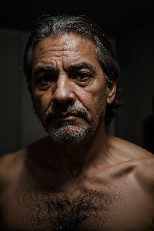 A hauntingly melancholy portrait of a man with permanent misfortune, 50 anos, olhos profundos envoltos em tristeza, lined with fine wrinkles and worry. His shaggy, gray beard frames a melancholy look., almost transparent expression. Na sala mal iluminada, The mood is gloomy, with a faint glow of a single, vela piscando. The contrast is stark, as sombras alongadas e as cores silenciadas. AWD verificado, High definition, hiperrealista, Fotorrealista, arte digital, temperamental, jornada, Narrativa, Semi-Abstrato, expressionista, 4