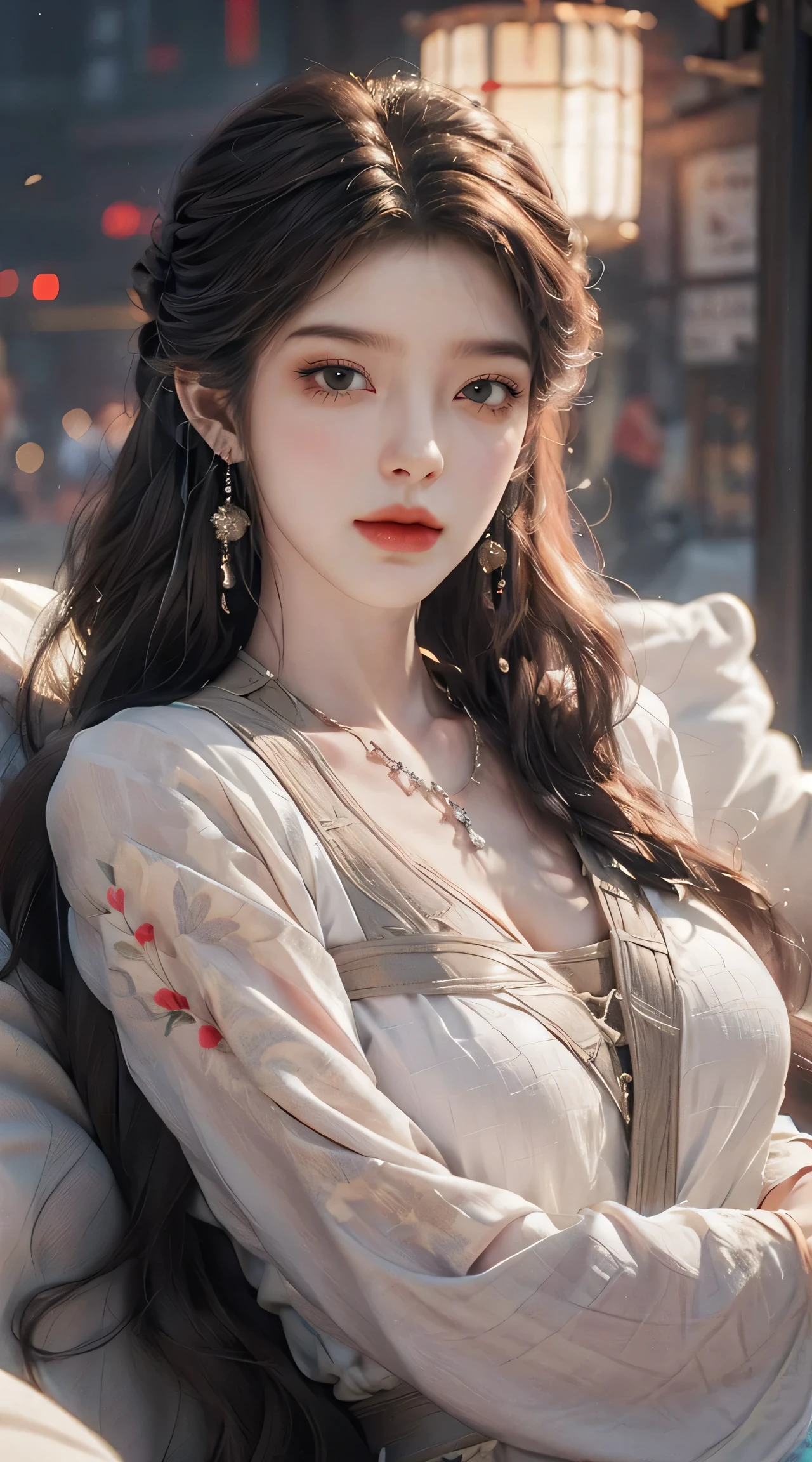 ((knee shot)), ((lying down)), ((Lying on an antique bed)), ((One hand plays with hair, Cover your chest with one hand)), (ancient chinese style), clear face, pretty face, 8k, masterpiece, original photo, best quality, detail:1.2,lifelike, detail, Very detailed, CG, unified, wallpapers, depth of field, movie light, lens flare, Ray tracing, (extremely beautiful face, beautiful lips, beautiful eyes), intricate, detail's face, ((ultra detailed skin)), 1 girl, in the darkness, deep shadow, beautiful korean girl, kpop idol,(Very slim figure:1.3), A plump chest, Large breasts, Slender sexy legs, Very nice legs, elegant posture, A seductive and seductive pose, (bright smile), (City night, (neon lights), (night), beautiful korean girl, white diamond earrings, Diameter bracelet, Dia necklace, clear eyes, (big eyes)