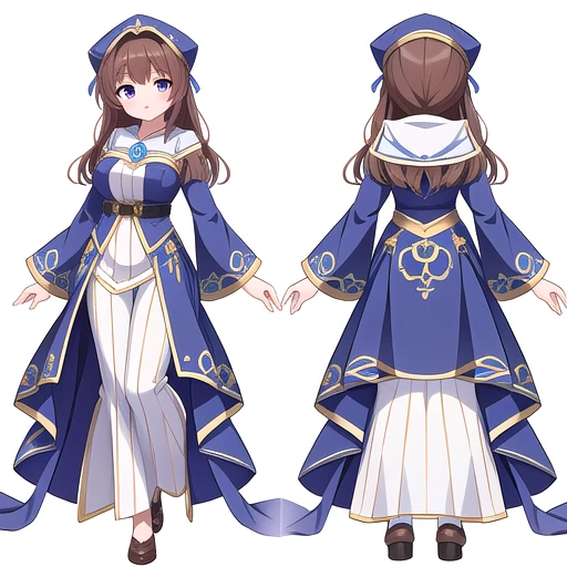 masterpiece, best quality, cute eyes, 1girl, solo, high fantasy costume, clerk costume, ((white background)), full body, multiple views,
