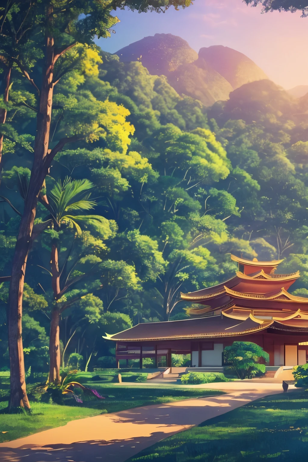 Morro; trees, caminho de pedras, Mansion at the top, high standard residential, varias casas em volta, carpa no telhado, carpa dourada, casa azul, casa grande, japanese style, anime, Scenario, Scenario de anime, 2D, sunset lighting